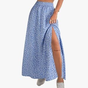 Blue Floral Maxi Skirt with Slit